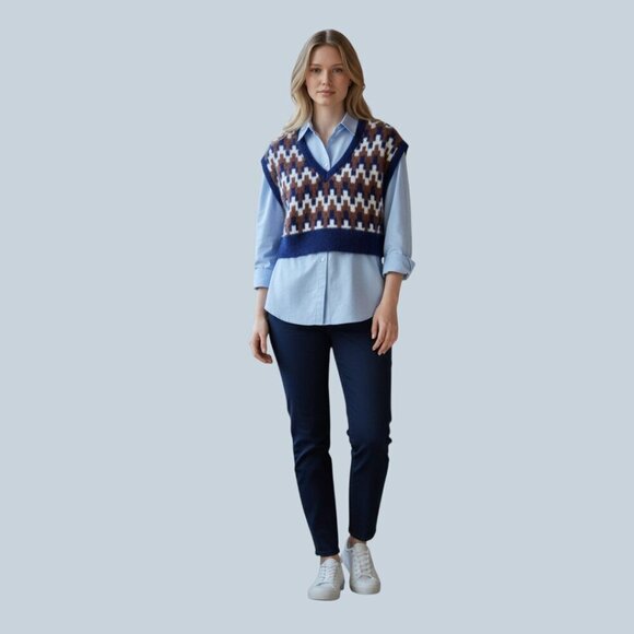 Kendall & Kylie Sweaters - KENDALL + KYLIE Knitted Soft Fluffy Oversized V-Neck VEST Blue Brown White Med